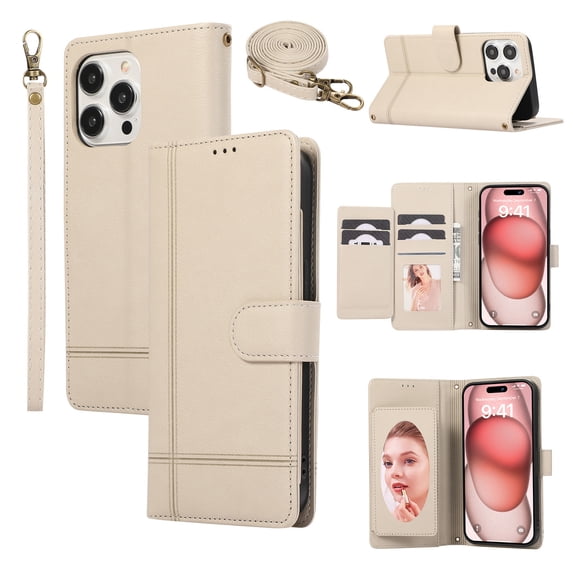 TECH CIRCLE Wallet Case For iPhone 11,Magnetic Flip Folio Stand Purse Case with Shoulder Wrist Strap Card Holder Cover Hidden Mirror Protective Cover for Apple iPhone 11 6.1" 2019,Beige