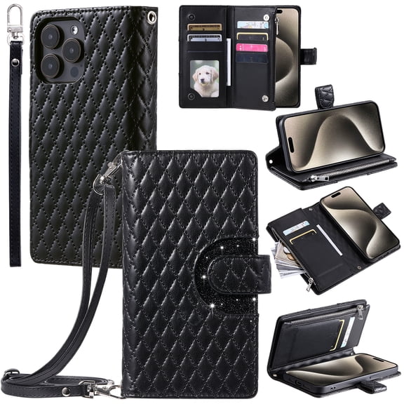 TECH CIRCLE Wallet Case For iPhone 12 Mini,PU Leather Zipper Flip Folio Bling Case Wristlet Shoulder Strap Magnetic Closure Stand Protective Case for Apple iPhone 12 mini 5.4" 2020,Black