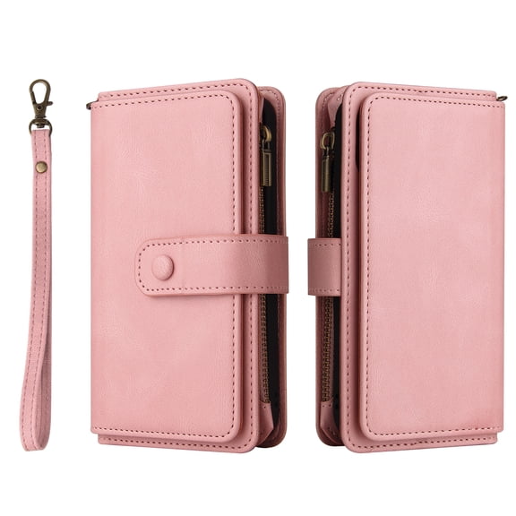 TECH CIRCLE Wallet Case For iPhone 12 Mini,PU Leather Zipper Handbag Purse Flip Cover Kickstand Folio Women Case with Card Slots Holder Wrist Strap for Apple iPhone 12 Mini 5.4" 2020,Pink