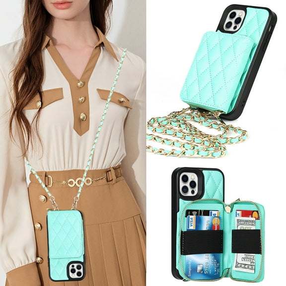 TECH CIRCLE Wallet Case for iPhone 12 Pro Max, Crossbody Strap Zipper Closure Case Card Slots with Detachable Hand Strap Kickstand, 6.7 inch for iPhone 12 Pro Max,Green