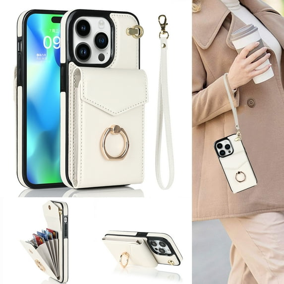 TECH CIRCLE Wallet Case for iPhone 12 Pro Max, PU Leather Case with Card Holder 360°Rotation Ring Kickstand Protective Wrist Strap Case for Apple iPhone 12 Pro Max 6.7 inch, White