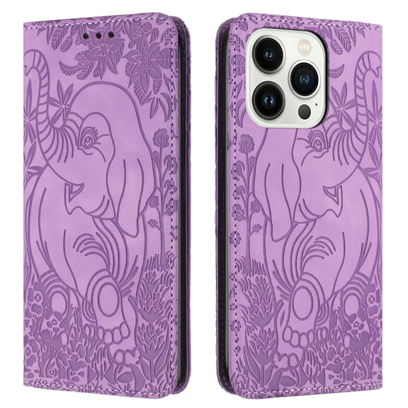TECH CIRCLE Wallet Case For iPhone 12 Pro /iPhone 12,Emboss Elephant Flower Kickstand Card Slots Magnetic Closure PU Leather Shockproof TPU Shell Wrist Strap for Apple iPhone 12 Pro/iPhone 12,Purple