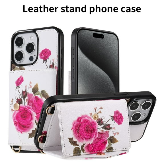 TECH CIRCLE Wallet Case for iPhone 13 ,PU Leather Flip Protective Stand Flowers Floral Women Girls Case Card Holder Wristlet Mirror Shoulder Purse Case for iPhone 13 6.1" 2021,White