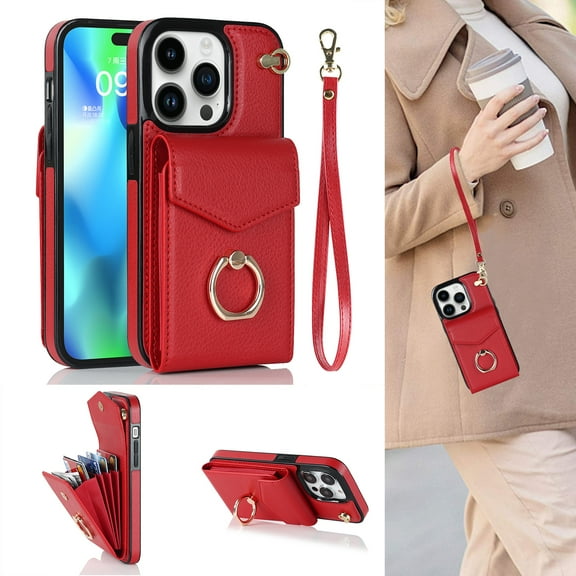 TECH CIRCLE Wallet Case for iPhone 13 Pro Max, PU Leather Case with Card Holder 360°Rotation Ring Kickstand  Protective Wrist Strap Case for Apple iPhone 13 Pro Max 6.7 inch, Red