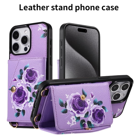 TECH CIRCLE Wallet Case for iPhone 13 Pro Max ,PU Leather Flip Protective Stand Flowers Floral Women Girls Case Card Holder Wristlet Mirror Shoulder Purse Case for iPhone 13 Pro Max 6.7" 2021,Purple