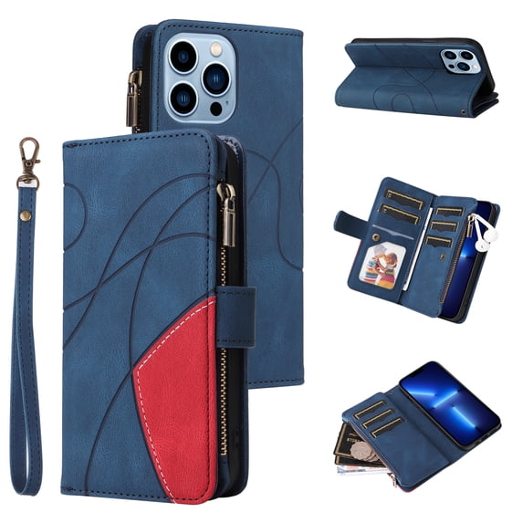 TECH CIRCLE Wallet Case for iPhone 13 Pro Max, iPhone 13 Pro Max Case for Women Men Durable PU Leather Kickstand Magnetic Buckle Flip Folio Strap Wristlet Zipper Card Holder Phone Cases,Blue
