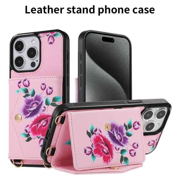 TECH CIRCLE Wallet Case for iPhone 14 ,PU Leather Flip Protective Stand Flowers Floral Women Girls Case Card Holder Wristlet Mirror Shoulder Purse Case for iPhone 14 6.1" 2022,Pink