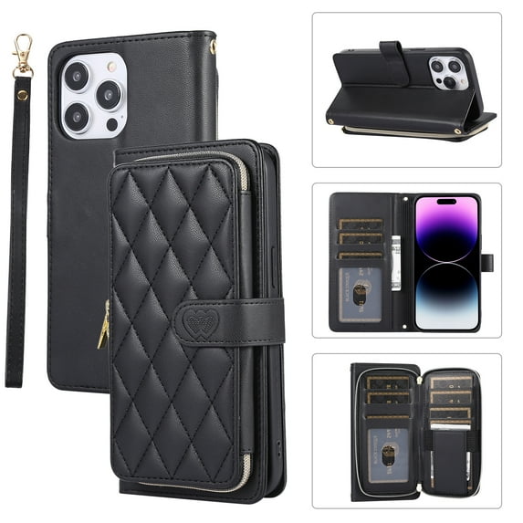 TECH CIRCLE Wallet Case For iPhone 14,PU Leather Magnetic Flip Folio Purse Case with Card Slots Holder Shoulder Strap Wristlet Girl Women Case for Apple iPhone 14 6.1" 2022,Black