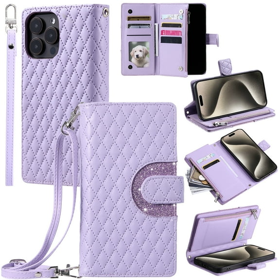 TECH CIRCLE Wallet Case For iPhone 14,PU Leather Zipper Flip Folio Bling Case Wristlet Shoulder Strap Magnetic Closure Stand Protective Case for Apple iPhone 14 6.1" 2022,Purple