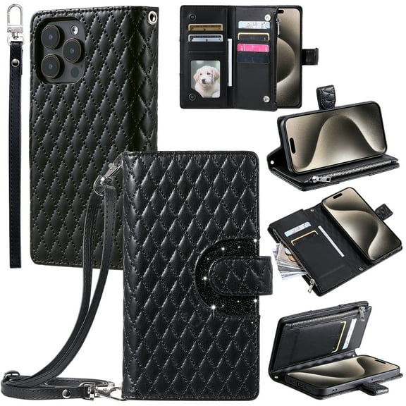 TECH CIRCLE Wallet Case For iPhone 14 Pro Max,PU Leather Zipper Flip Folio Bling Case Wristlet Shoulder Strap Magnetic Closure Stand Protective Case for Apple iPhone 14 Pro Max 6.7" 2022,Black