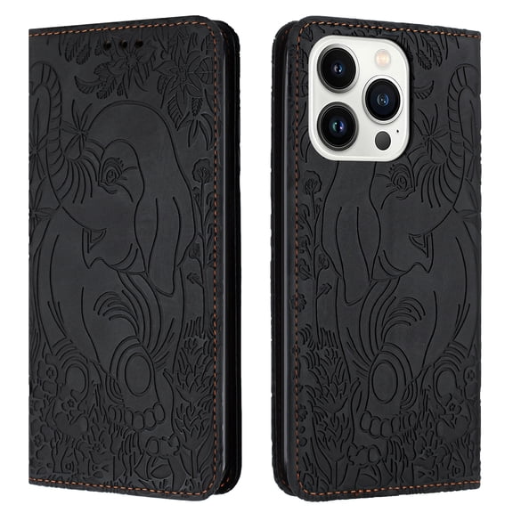 TECH CIRCLE Wallet Case For iPhone 15,Emboss Elephant Flower Kickstand Card Slots Magnetic Closure PU Leather Shockproof TPU Shell Wrist Strap for Apple iPhone 15 6.1" 2023,Black