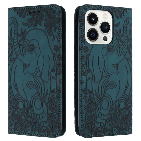 TECH CIRCLE Wallet Case For iPhone 15,Emboss Elephant Flower Kickstand Card Slots Magnetic Closure PU Leather Shockproof TPU Shell Wrist Strap for Apple iPhone 15 6.1" 2023,Green