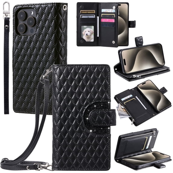 TECH CIRCLE Wallet Case For iPhone 15,PU Leather Zipper Flip Folio Bling Case Wristlet Shoulder Strap Magnetic Closure Stand Protective Case for Apple iPhone 15 6.1" 2023,Black