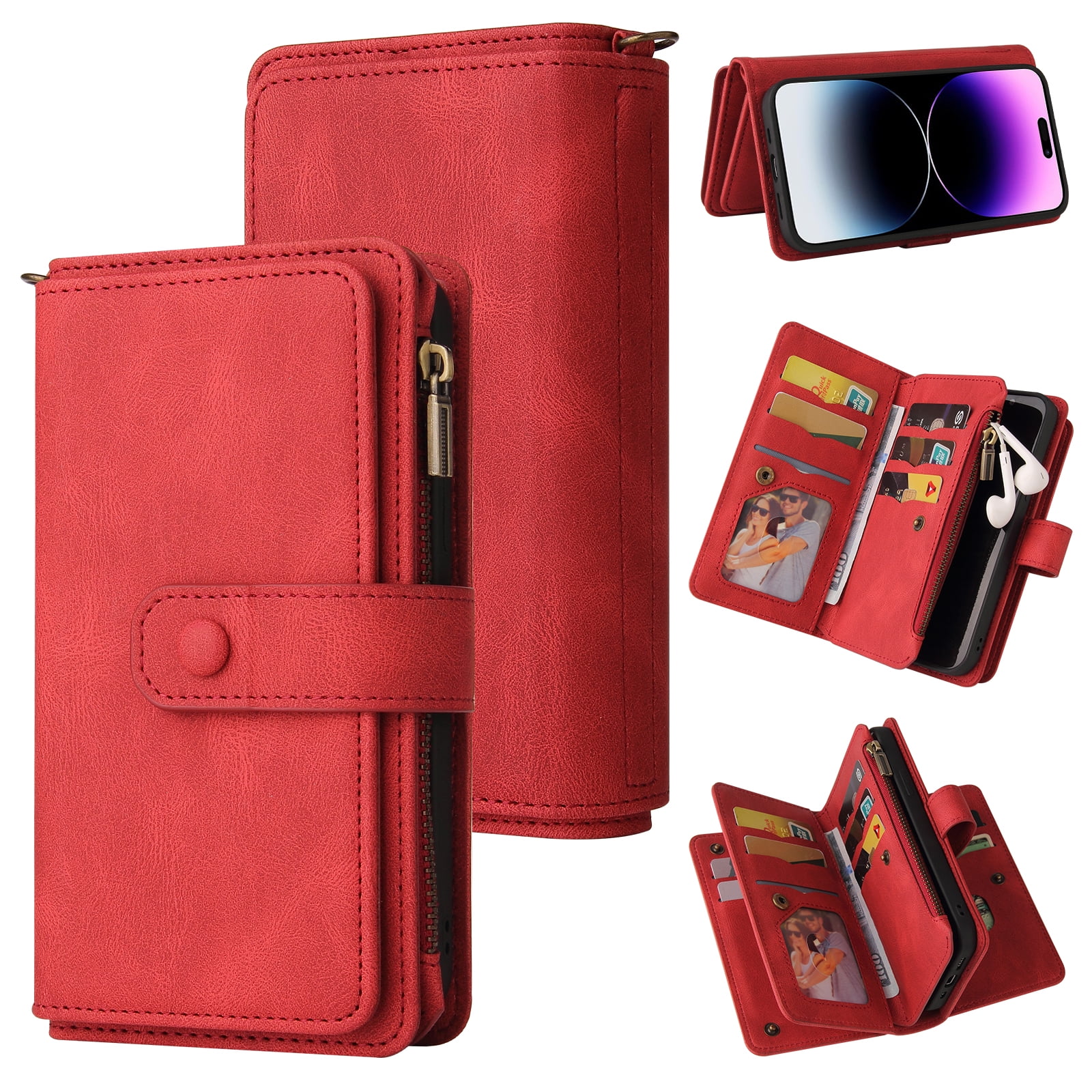 TECH CIRCLE Wallet Case For iPhone 15 Plus,PU Leather Zipper Handbag Purse Flip Cover Kickstand Folio Women Case with Card Slots Holder Wrist Strap for Apple iPhone 15 Plus 6.7" 2023,Red