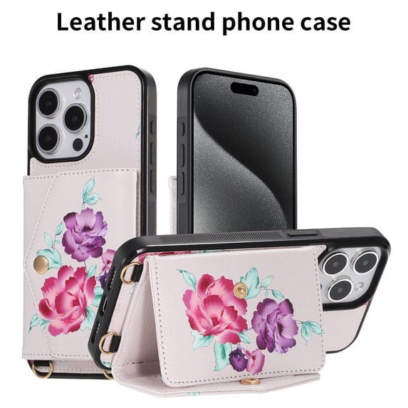 TECH CIRCLE Wallet Case for iPhone 15 Pro ,PU Leather Flip Protective Stand Flowers Floral Women Girls Case Card Holder Wristlet Mirror Shoulder Purse Case for iPhone 15 Pro 6.1" 2023,Gray