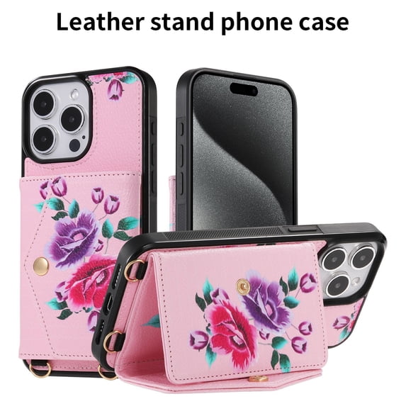 TECH CIRCLE Wallet Case for iPhone 15 Pro ,PU Leather Flip Protective Stand Flowers Floral Women Girls Case Card Holder Wristlet Mirror Shoulder Purse Case for iPhone 15 Pro 6.1" 2023,Pink