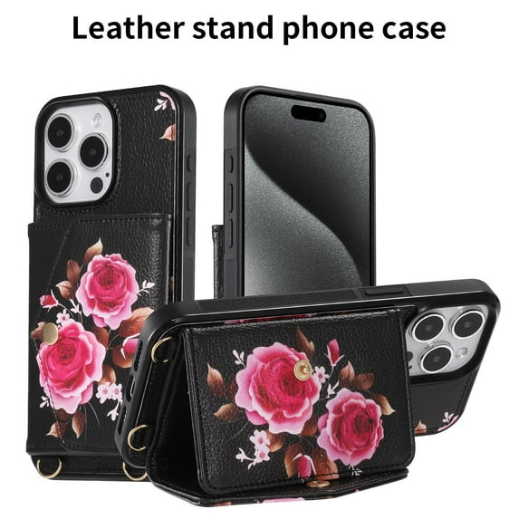 TECH CIRCLE Wallet Case for iPhone 16 Pro Max ,PU Leather Flip Protective Stand Flowers Floral Women Girls Case Card Holder Wristlet Mirror Shoulder Purse Case for iPhone 16 Pro Max 6.9" 2024,Black