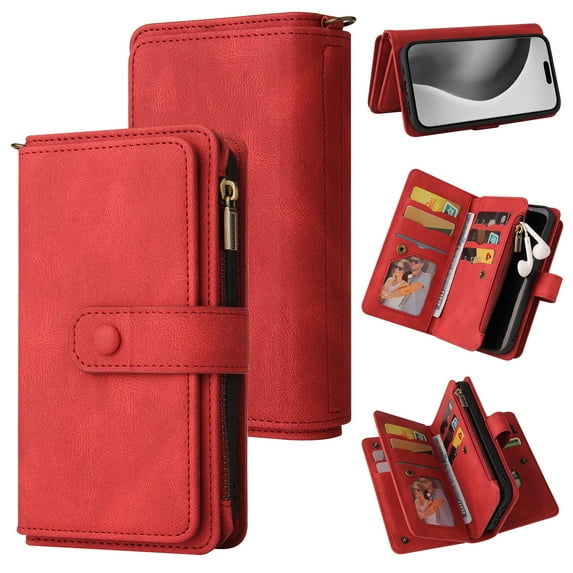 TECH CIRCLE Wallet Case For iPhone 16 Pro,PU Leather Zipper Handbag Purse Cover Kickstand Flip Folio Women Protective Case with Card Slots Holder Wrist Strap for Apple iPhone 16 Pro,Red