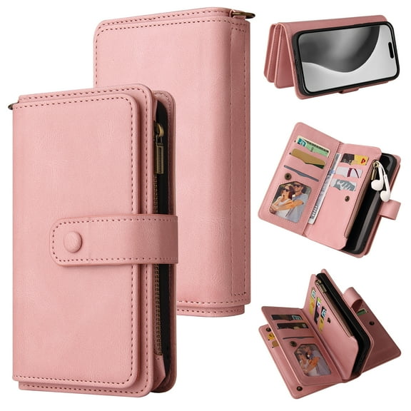 TECH CIRCLE Wallet Case For iPhone 16 Pro,PU Leather Zipper Handbag Purse Cover Kickstand Flip Folio Women Protective Case with Card Slots Holder Wrist Strap for Apple iPhone 16 Pro,Pink