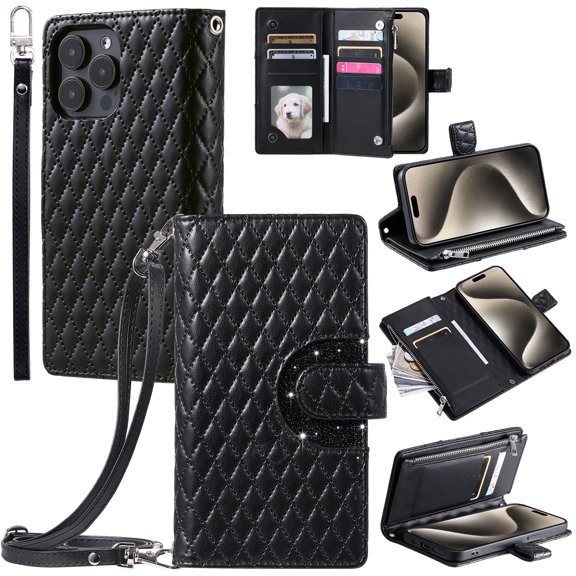 TECH CIRCLE Wallet Case For iPhone 6s Plus/6 Plus,PU Leather Zipper Flip Folio Bling Case Wristlet Shoulder Strap Magnetic Closure Stand Protective Case for Apple iPhone 6s Plus/6 Plus 5.5",Black