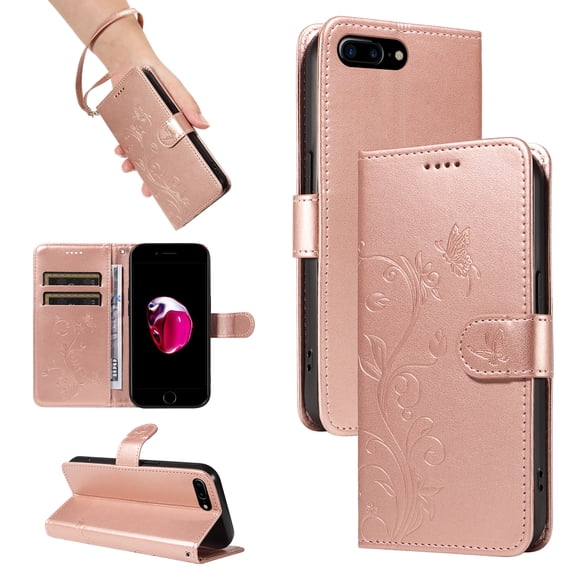 TECH CIRCLE Wallet Case For iPhone 7 / 8 / SE, Emboss Flower Premium PU Leather Magnetic Card Slots Flip Protective Kickstand Case with Wrist Strap for Apple iPhone 7 / 8 / SE 4.7",Rosegold