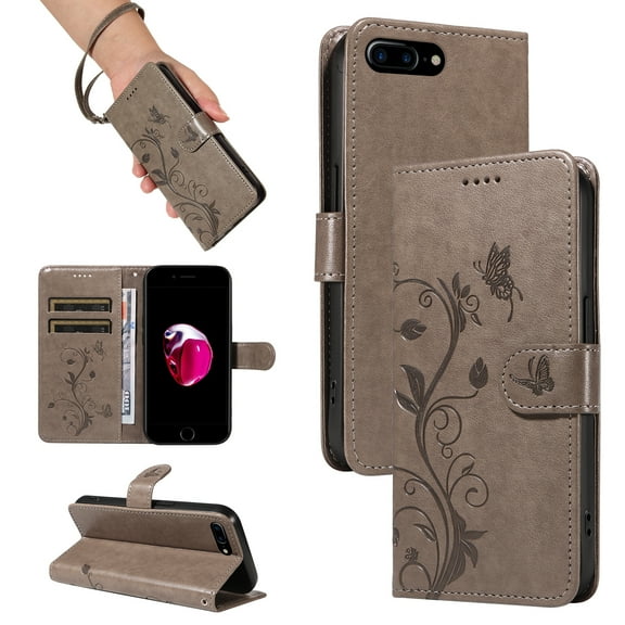 TECH CIRCLE Wallet Case For iPhone 8 Plus/7 Plus, Emboss Flower Premium PU Leather Magnetic Card Slots Flip Protective Kickstand Case with Wrist Strap for Apple iPhone 8 Plus/7 Plus 5.5",Grey