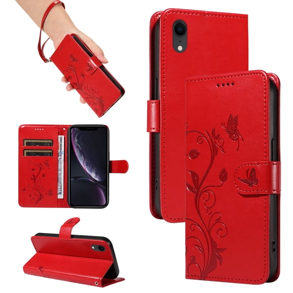 TECH CIRCLE Wallet Case For iPhone XS/iPhone X, Emboss Flower Premium PU Leather Magnetic Card Slots Flip Protective Kickstand Case with Wrist Strap for Apple iPhone XS/iPhone X 5.8",Red