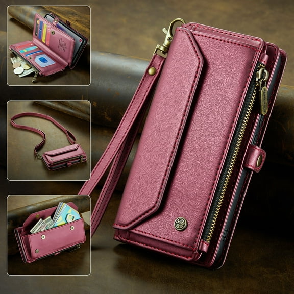 TECH CIRCLE Wallet Phone Case for Samsung Galaxy A24 4G (6.5") 2023 - Stylish Crossbody Phone Case with Shoulder/Wrist Straps, Lightweight PU Leather Cover with Card Slots & Pocket, Winered