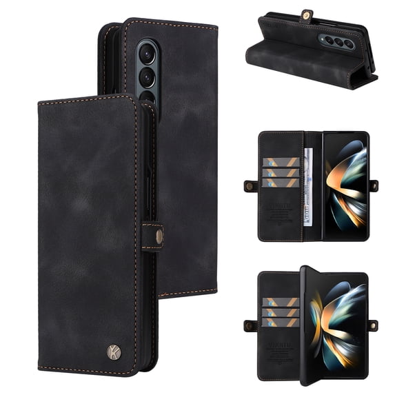 TECH CIRCLE Wallet Phone Case For Samsung Galaxy Z Fold 4 2022,Premium PU Leather High-quality Durable Shockproof Full Body Protective Phone Cover With Magnetic Buckle Flip Card Pocket Case, Black
