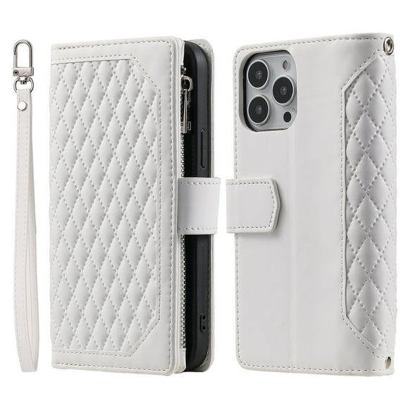 TECH CIRCLE Wallet case for iPhone 13 Pro Max, Argyle Pattern Zipper Leather case with Handstrap Shoulder Strap Kickstand Card Slots Magnetic Shockproof Case For iPhone 13 Pro Max,White