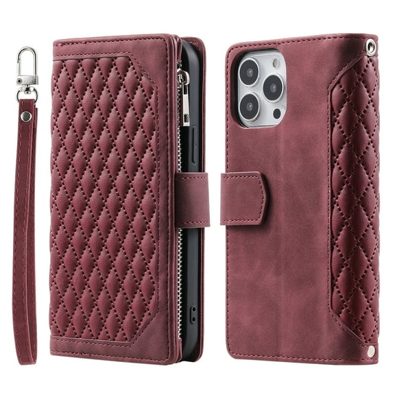 TECH CIRCLE Wallet case for iPhone 13 Pro Max, Argyle Pattern Zipper Leather case with Handstrap Shoulder Strap Kickstand Card Slots Magnetic Shockproof Case For iPhone 13 Pro Max,Winered