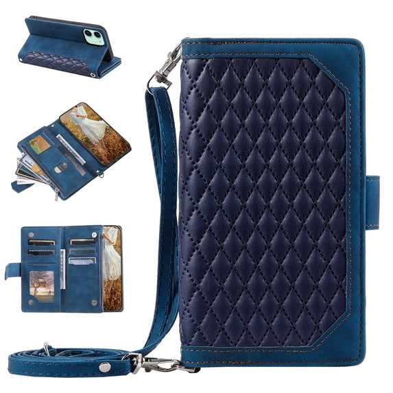 TECH CIRCLE Zipper Wallet Case for Apple iPhone 11 6.1 inch,Crossbody Shoulder Strap Card Pocket Shockproof Flip Kickstand Phone Cover with Wrist Strap,Blue