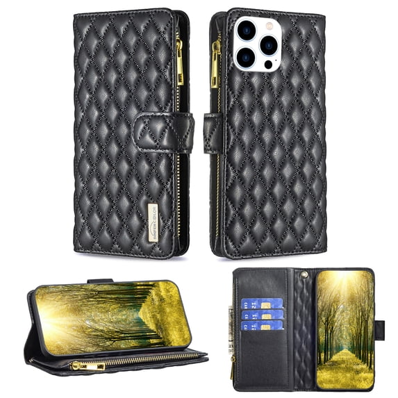 TECH CIRCLE Zipper Wallet Case for Apple iPhone 14 Pro,Shockproof Full Protection PU Leather Magnetic Folio Flip Kickstand ID Credit Card Slots Phone Cover with Hand Strap,Black