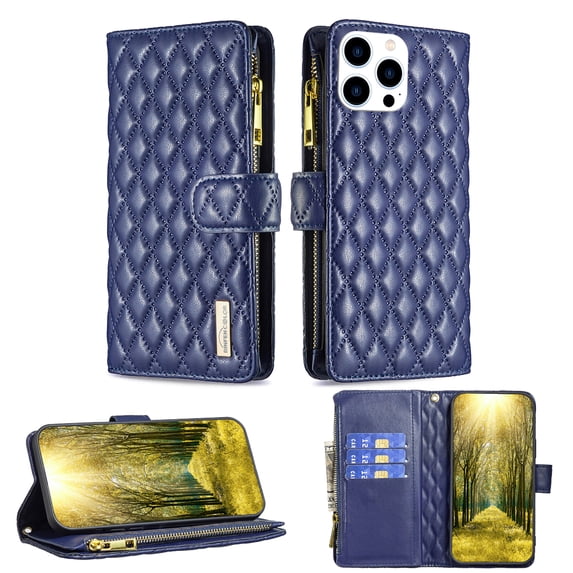 TECH CIRCLE Zipper Wallet Case for Apple iPhone 14 Pro,Shockproof Full Protection PU Leather Magnetic Folio Flip Kickstand ID Credit Card Slots Phone Cover with Hand Strap,Blue