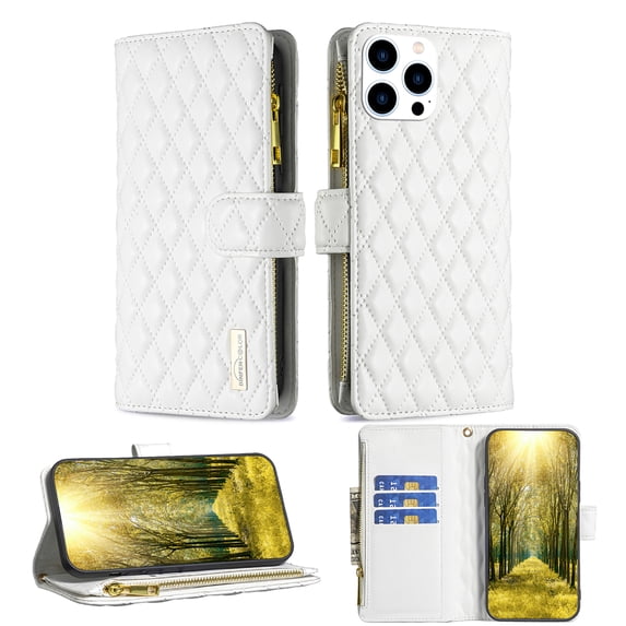 TECH CIRCLE Zipper Wallet Case for Apple iPhone 14 Pro,Shockproof Full Protection PU Leather Magnetic Folio Flip Kickstand ID Credit Card Slots Phone Cover with Hand Strap,White