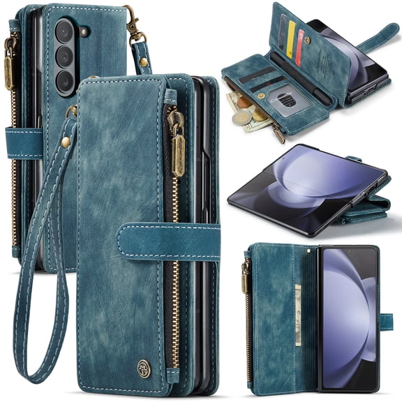TECH CIRCLE Zipper Wallet Case for Galaxy Z Fold 5 7.6", Premium PU Leather Flip Folio Magnetic Case with Wrist Hand Strap Card Slots Kickstand Protective Case for Samsung Galaxy Z Fold 5 2023, Blue