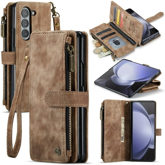TECH CIRCLE Zipper Wallet Case for Galaxy Z Fold 5 7.6", Premium PU Leather Flip Folio Magnetic Case with Wrist Hand Strap Card Slots Kickstand Protective Case for Samsung Galaxy Z Fold 5 2023, Brown
