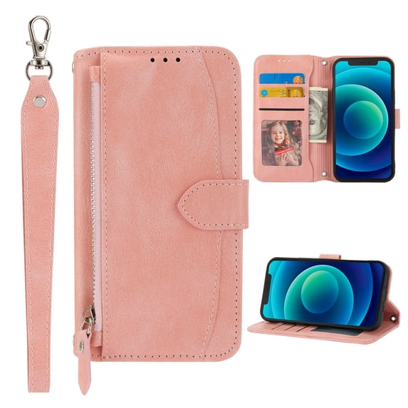 TECH CIRCLE Zipper Wallet Case for Samsung Galaxy S21,Detachable Hand Strap Magnetic Flip Stand Card Slots Shockproof Phone Case,Pink