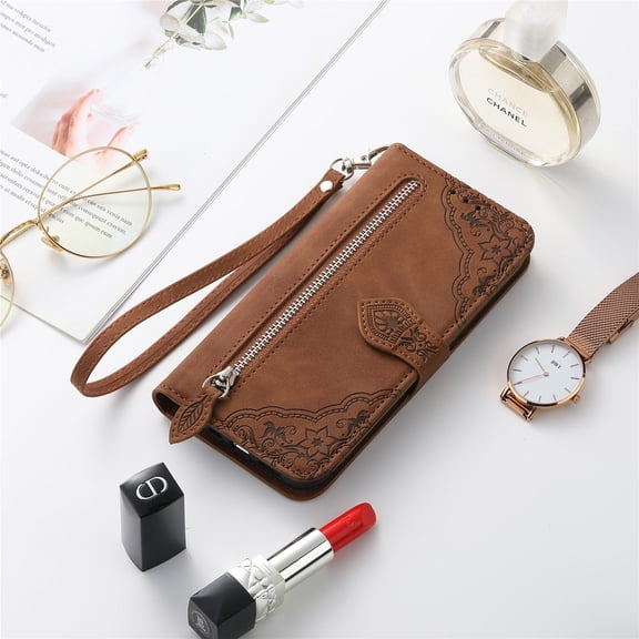 TECH CIRCLE Zipper Wallet Case for iPhone 11 Embossed Flower Pattern PU Leather Case with Wrist Lanyard Card Slots Magnetic Kickstand Protective Case for iPhone 11,Brown