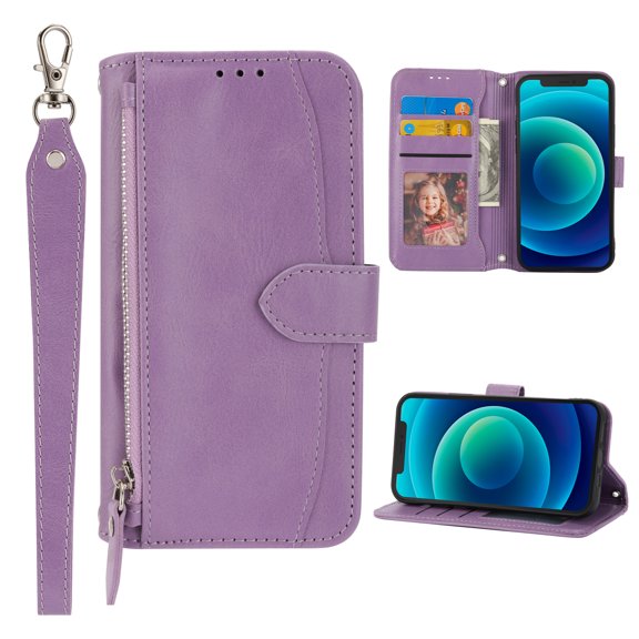 TECH CIRCLE Zipper Wallet Phone Case for Samsung Galaxy S21 Plus 6.7 inch,Full Protection Luxury Leather Magnetic Closure Flip Stand Card Slots Protective Cover,Purple