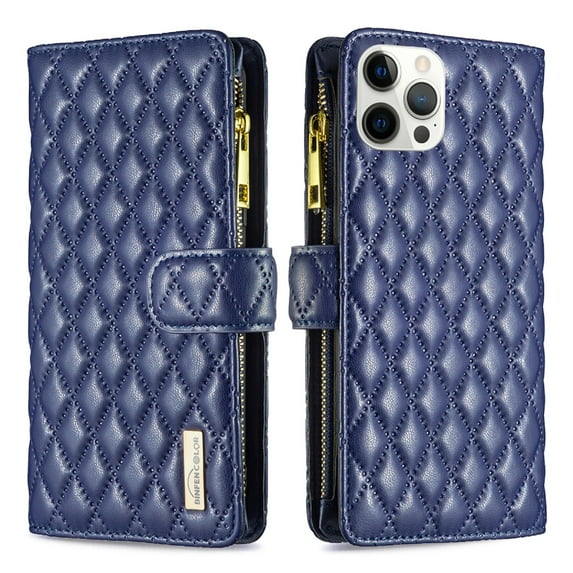 TECH CIRCLE Zipper Wallet case for iPhone 12 Pro Max, Stylish Argyle Pattern PU Leather Wallet case with Handstrap Kickstand Card Slots Magnetic Closure Shockproof Case For iPhone 12 Pro Max,Blue
