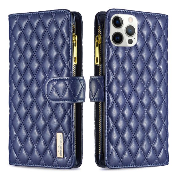 TECH CIRCLE Zipper Wallet case for iPhone 12 Pro Max, Stylish Argyle Pattern PU Leather Wallet case with Handstrap Kickstand Card Slots Magnetic Closure Shockproof Case For iPhone 12 Pro Max,Blue