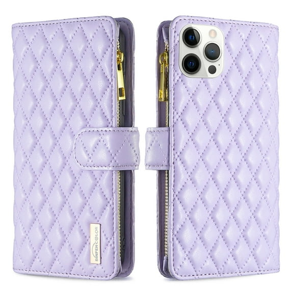 TECH CIRCLE Zipper Wallet case for iPhone 12 Pro Max, Stylish Argyle Pattern PU Leather Wallet case with Handstrap Kickstand Card Slots Magnetic Closure Shockproof Case For iPhone 12 Pro Max,Purple