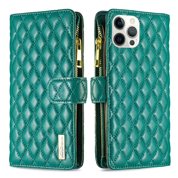 TECH CIRCLE Zipper Wallet case for iPhone 12 Pro Max, Stylish Argyle Pattern PU Leather Wallet case with Handstrap Kickstand Card Slots Magnetic Closure Shockproof Case For iPhone 12 Pro Max,Green