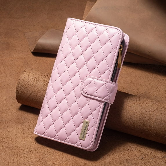 TECH CIRCLE Zipper Wallet case for iPhone XS/X, Argyle Pattern PU Leather Wallet case with Handstrap Kickstand Card Slots Magnetic Closure Shockproof Case For iPhone XS/X,Pink