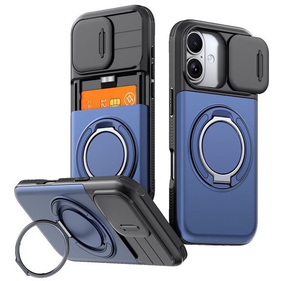 TECH CIRCLE for iPhone 11 Case,Shockproof TPU+PC Ring Holder 360° Rotated Kickstand Case with Card Holder Slot Slide Lens Cover,Blue