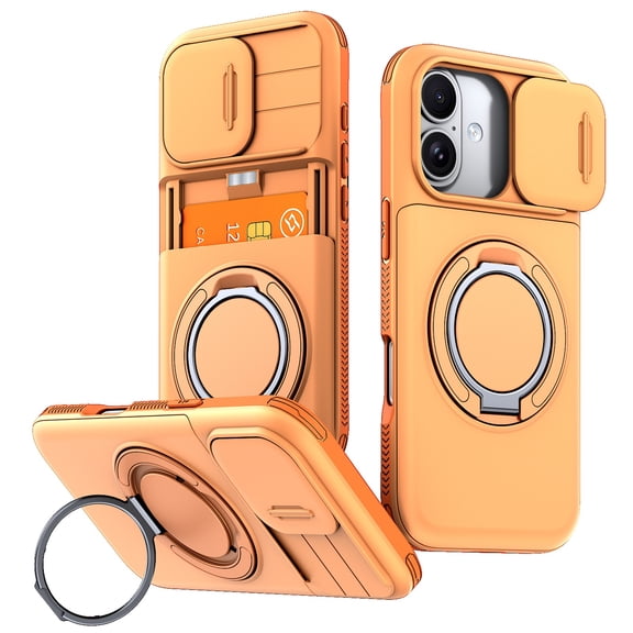 TECH CIRCLE for iPhone 11 Case,Shockproof TPU+PC Ring Holder 360° Rotated Kickstand Case with Card Holder Slot Slide Lens Cover,Orange