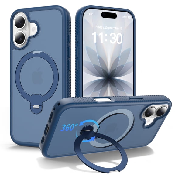 TECH CIRCLE for iPhone 16 Plus Magnetic Ring Holder Kickstand Case Compatible with Mag Safe Shockproof TPU+PC Matte Translucent Back Cover,Deepblue