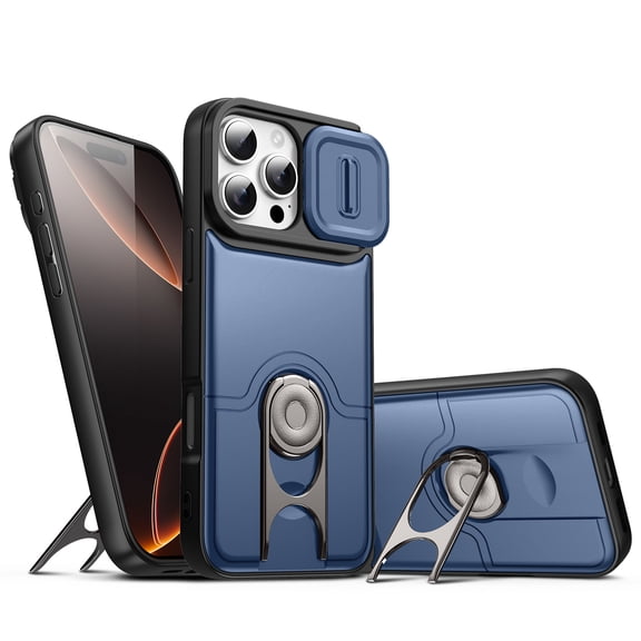 TECH CIRCLE for iPhone 17 6.3" Rugged Case with Built-in Slide Camera Cover, 360° Rotating Ring Kickstand, Dual Layer Protective Back Cover, Blue