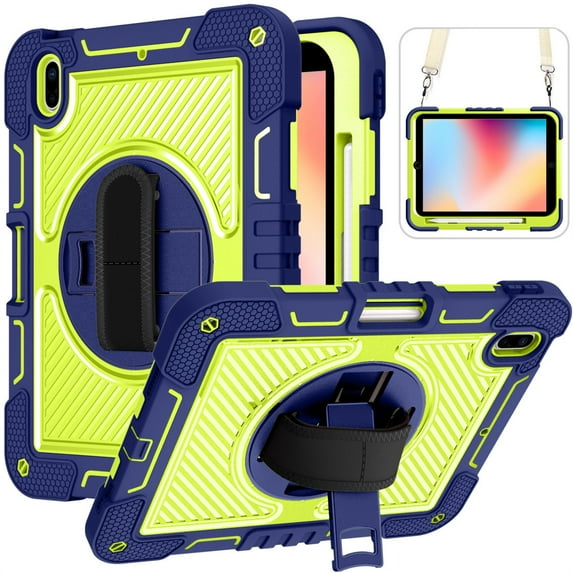 TECH CIRCLE iPad 10.2 Case (9th/8th/7th Generation) - Kids Proof Rugged Case with Kickstand / Adjustable Hand/Shoulder Strap, Navy + Green